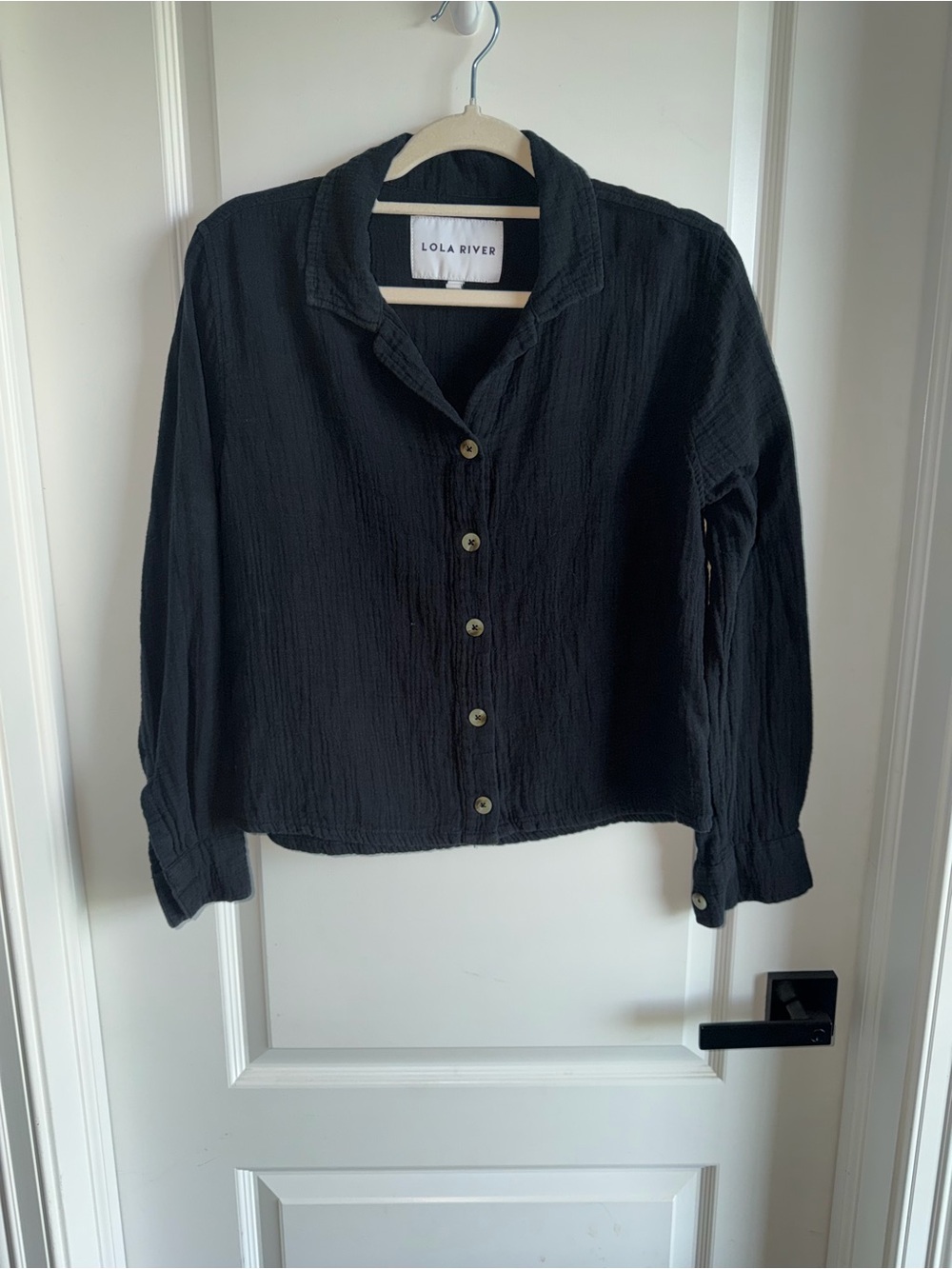 Anthropologie Lola River Black Cotton Gauze Button Front Crop Shirt Size S Boho